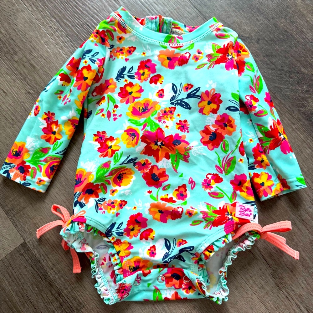 RuffleButts Baby/Toddler Girls Long Sleeve One Piece Swimsuit - Painted Flowers